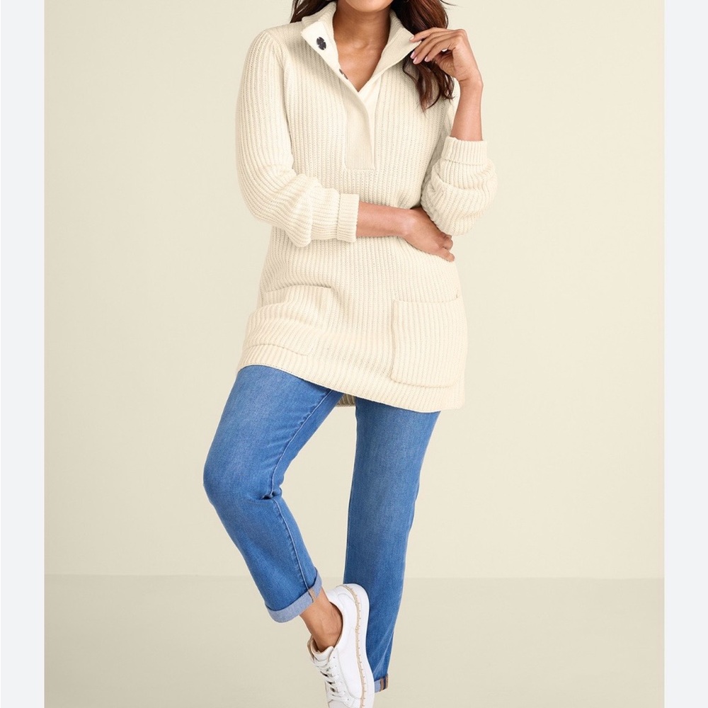 Soft Surroundings Highland Whit Ribbed‎ High Neck Chunky Knit Tunic Sweater Sz M